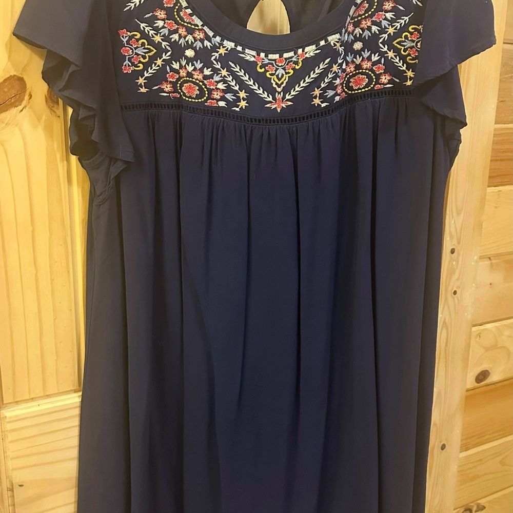 Amazon Navy Blue Maxi Dress with Embroidered Floral Design